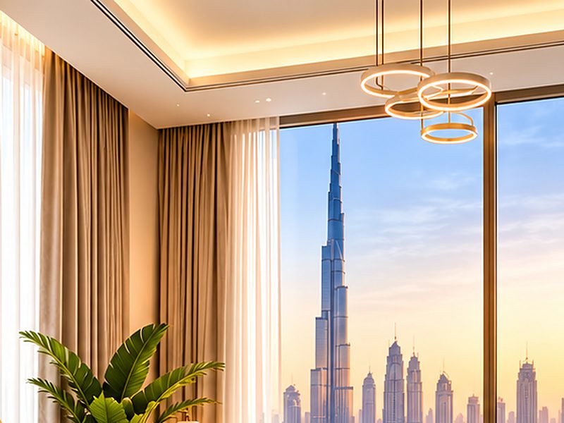 Floor-to-ceiling sheer and blackout curtains framing a window with a view of the Burj Khalifa