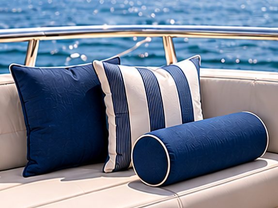 Navy and striped custom cushions and a bolster on a white seat