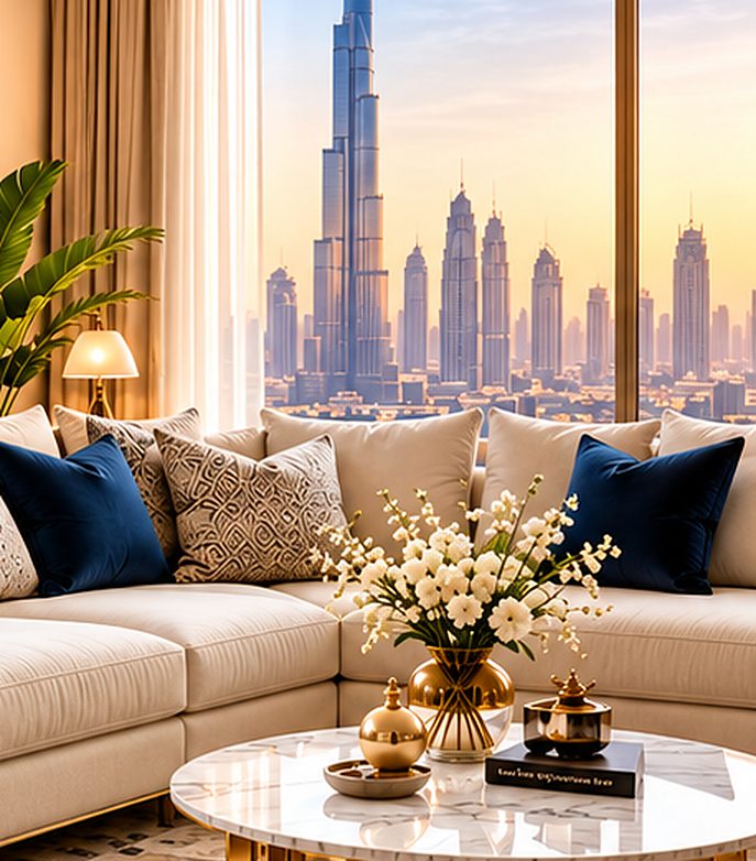 Living room with floor-to-ceiling curtains, cream sofa and navy cushions overlooking the Dubai skyline