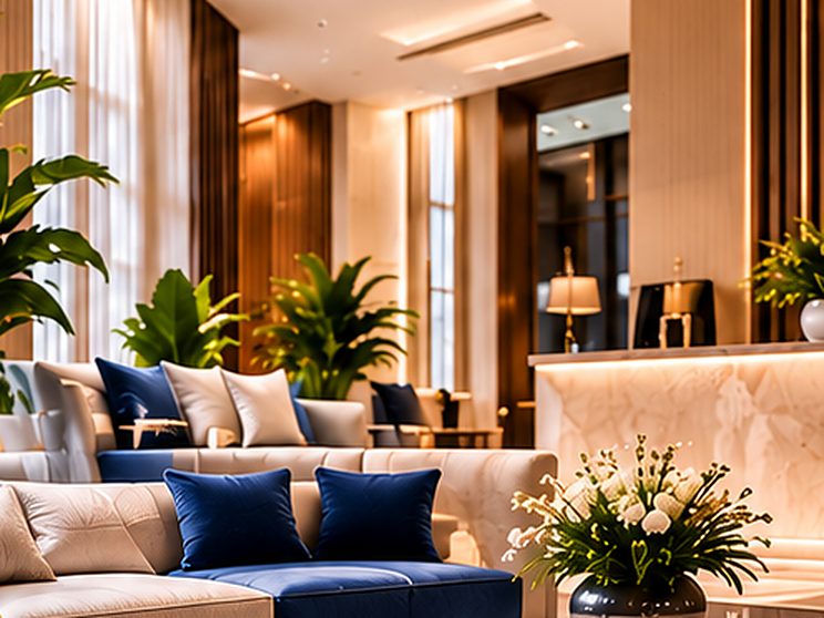 Hotel-style lobby lounge with upholstered sofas, navy cushions and a marble reception counter