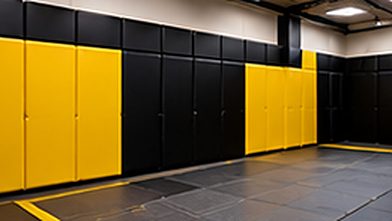Gym training area with yellow and black wall safety padding and rubber flooring