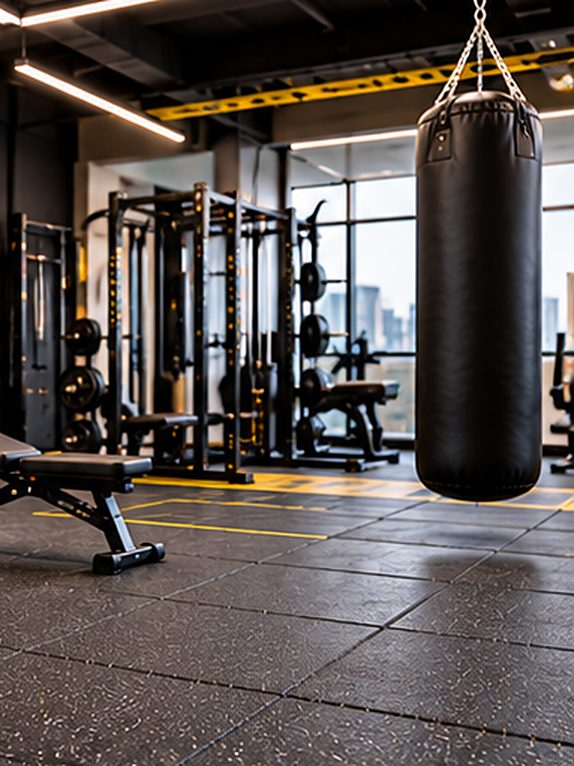 Gym with rubber floor tiles, a punching bag and weight racks