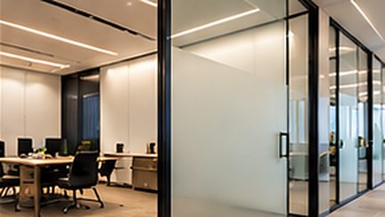 Office fit-out with frosted glass partitions and a meeting room