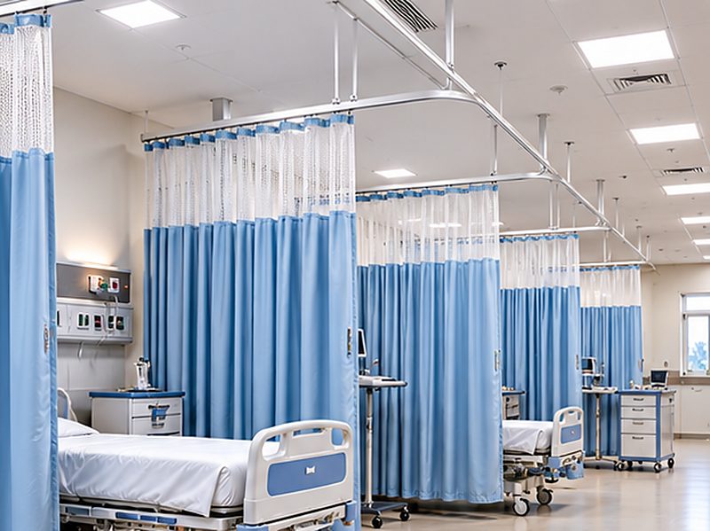 Hospital ward with blue ceiling-track privacy curtains between beds