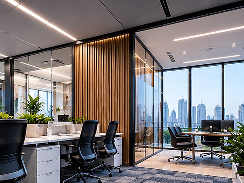 Open-plan office with glass partitions, wood slat wall, ergonomic chairs and carpet tiles
