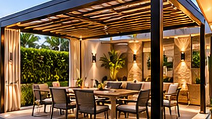 Pergola with outdoor dining furniture and garden lighting