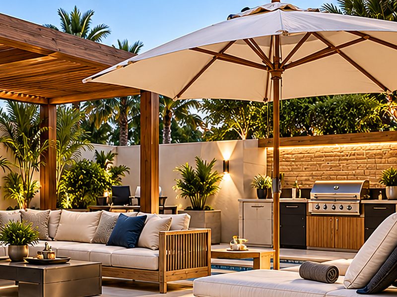 Outdoor terrace with a wooden pergola, large umbrella, outdoor sofa and BBQ area