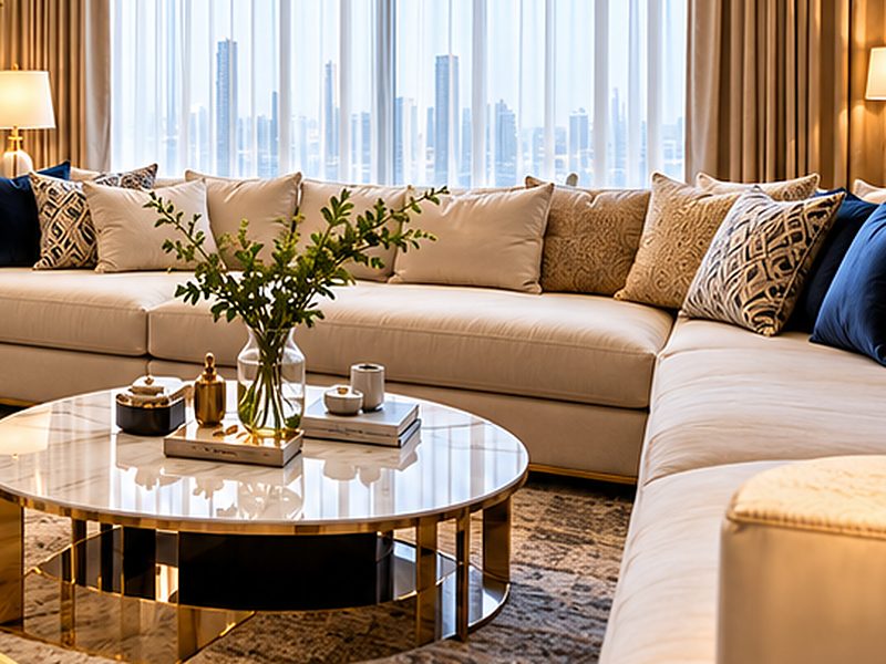 Living room with sheer curtains, a cream sectional sofa and patterned cushions