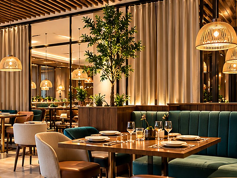 Restaurant dining area with green velvet booth seating, upholstered chairs and sheer curtains