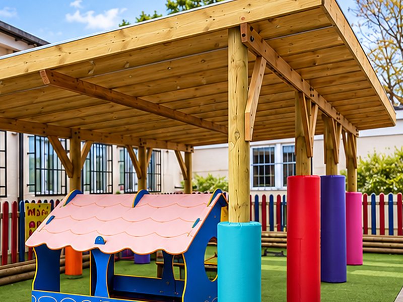 School playground shade with colourful foam safety padding on the pillars and artificial grass