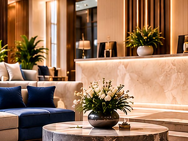 Upholstered sofa with navy velvet cushions in a hotel lounge
