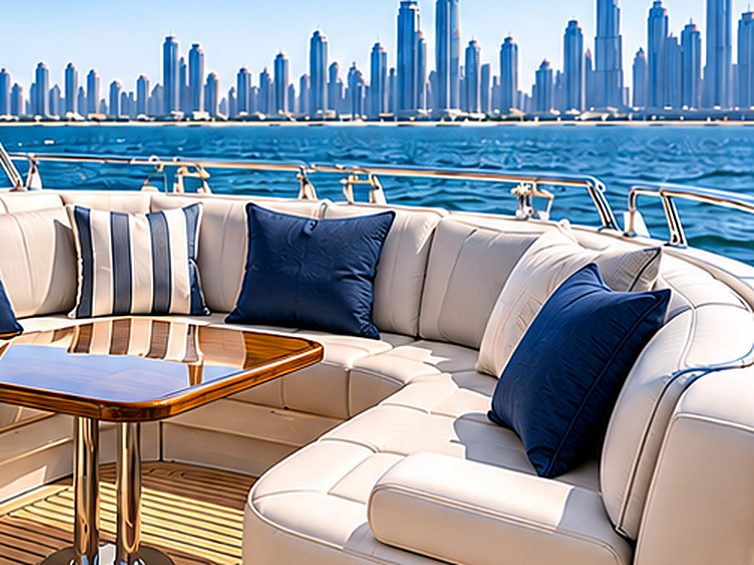 Yacht deck lounge with white marine upholstery and navy cushions facing the Dubai skyline